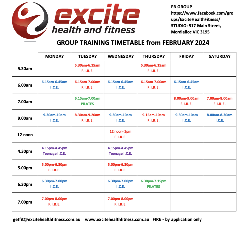 Excite class timetable